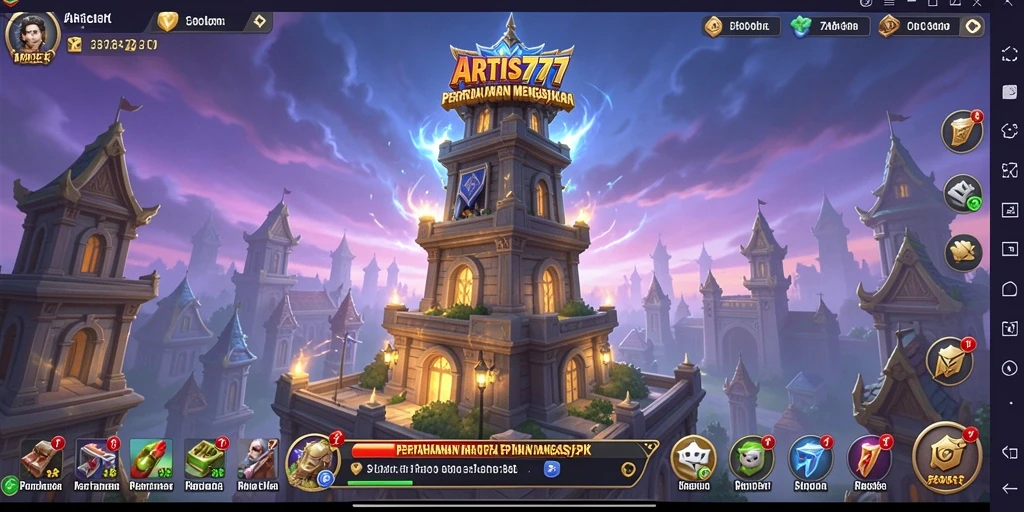 Screenshot gameplay ARTIS777 menampilkan menara dan musuh yang bertempur.