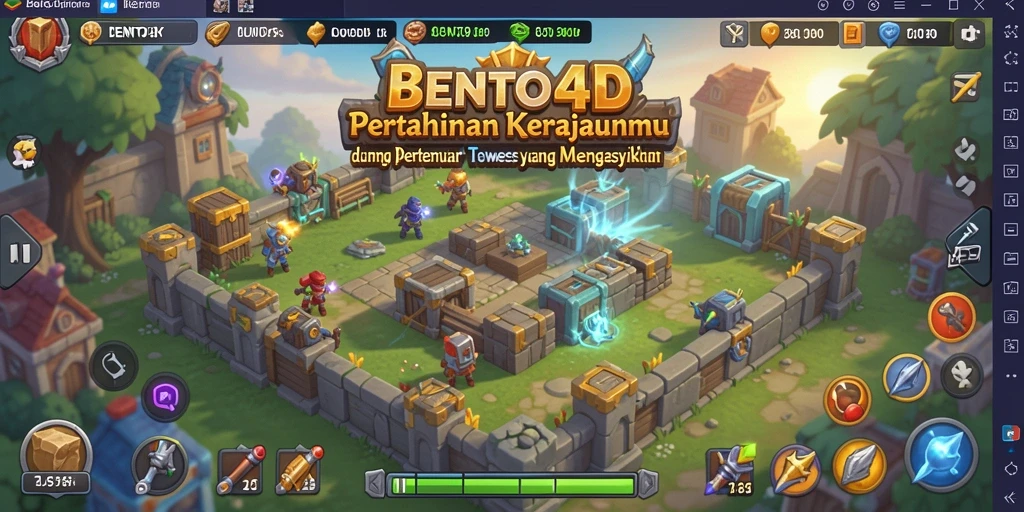 Tangkapan layar gameplay BENTO4D yang menampilkan pertempuran Tower Defense yang mendebarkan.