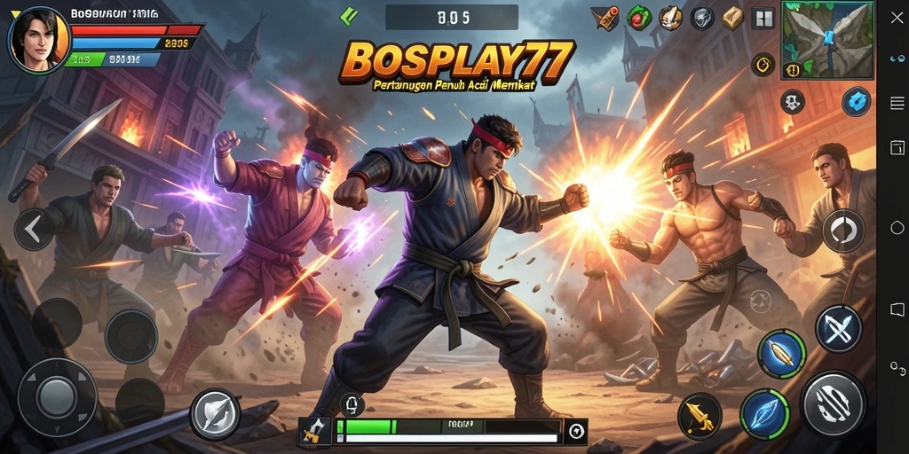 Tangkapan layar menunjukkan aksi seru dalam BOSPLAY77 di gameplay Action.