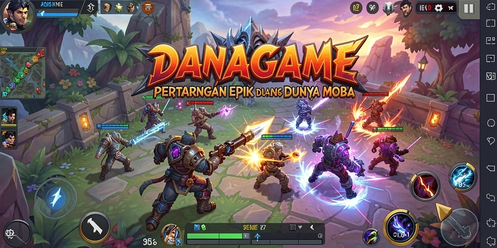 Screenshot menunjukkan gameplay seru pertempuran di arena MOBA.
