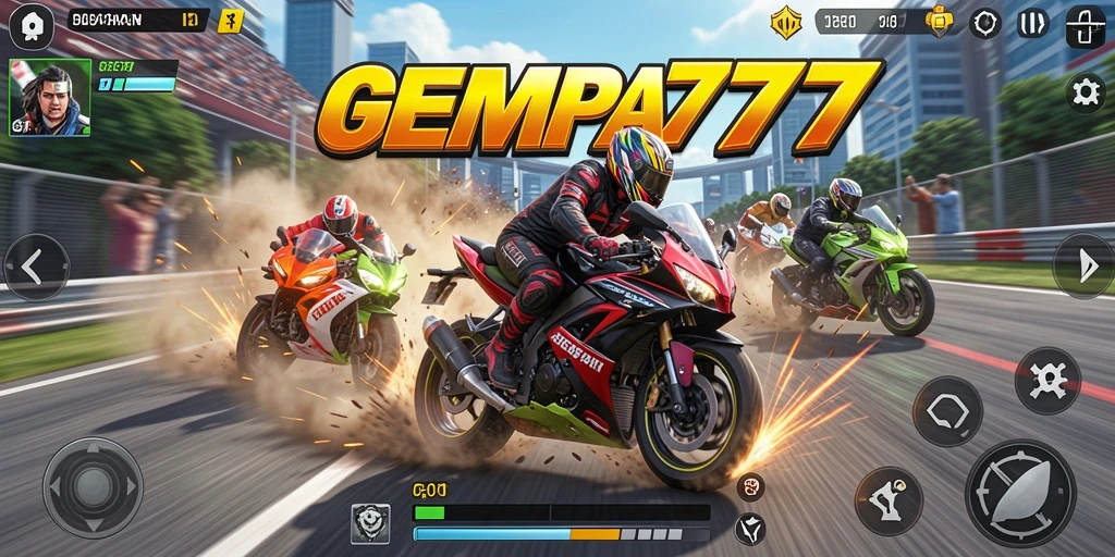 Screenshot GEMPA777 menampilkan balapan motor yang mendebarkan.