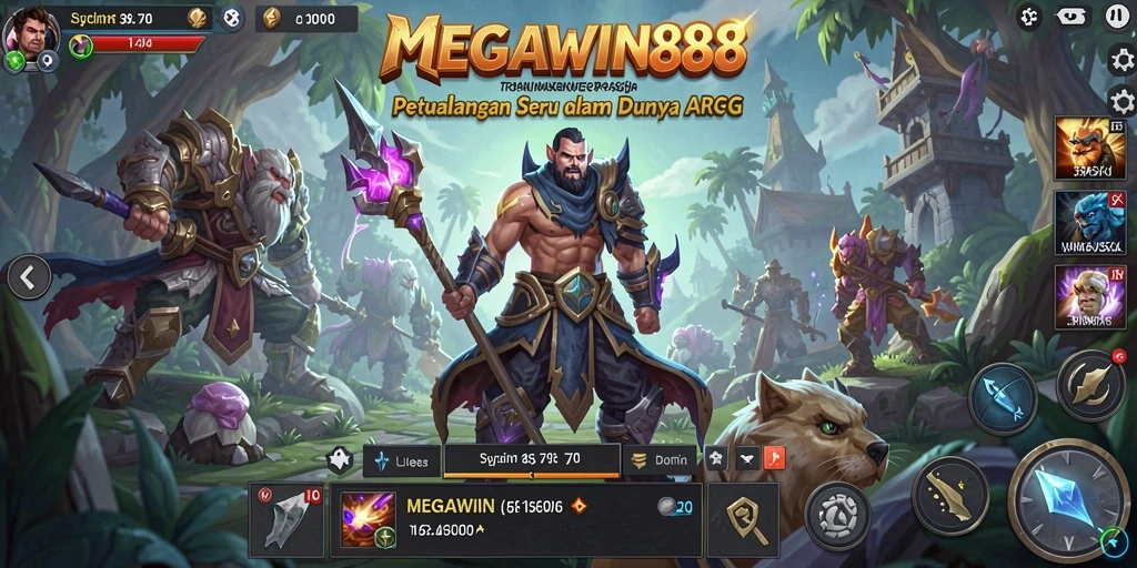 Tampilan gameplay <strong>MEGAWIN888</strong> dengan aksi seru dan karakter epik。