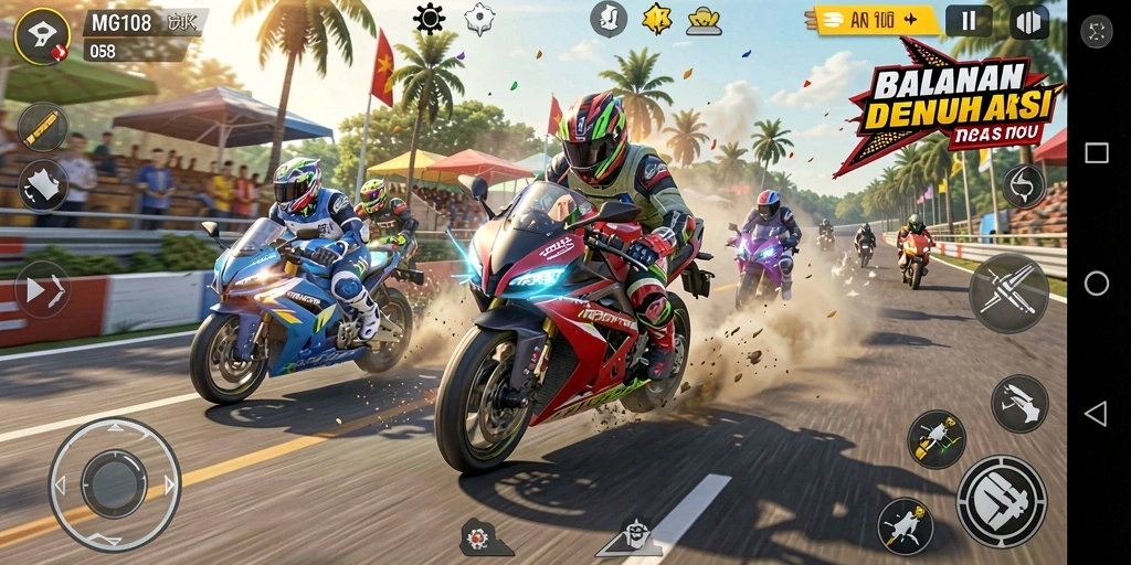 Tangkapan layar gameplay MG108 yang menampilkan balapan motor yang seru.