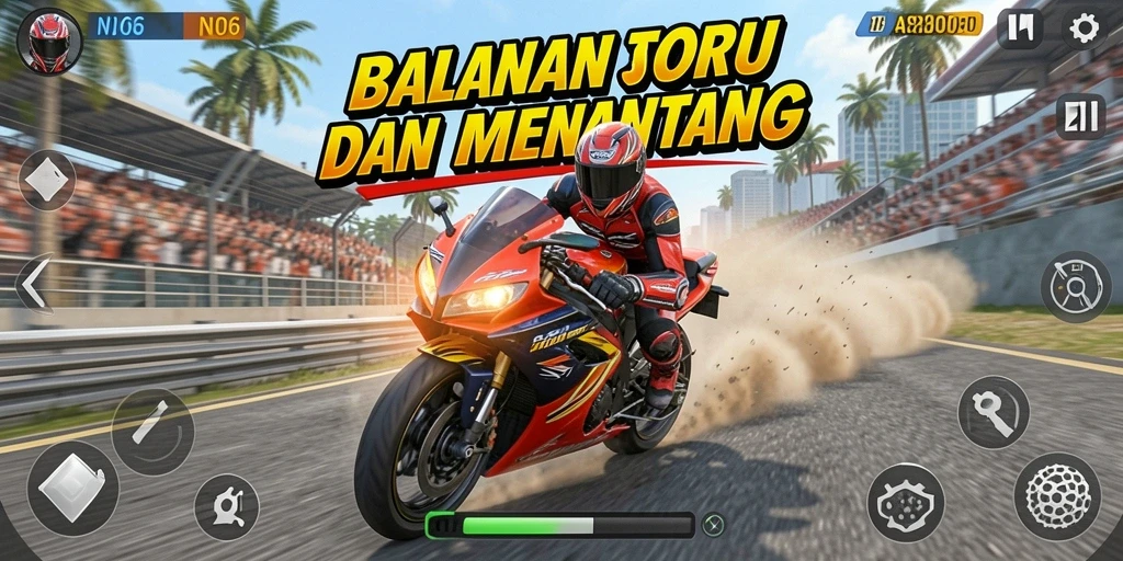 Screenshot gameplay N06 menampilkan balapan motor yang mendebarkan.