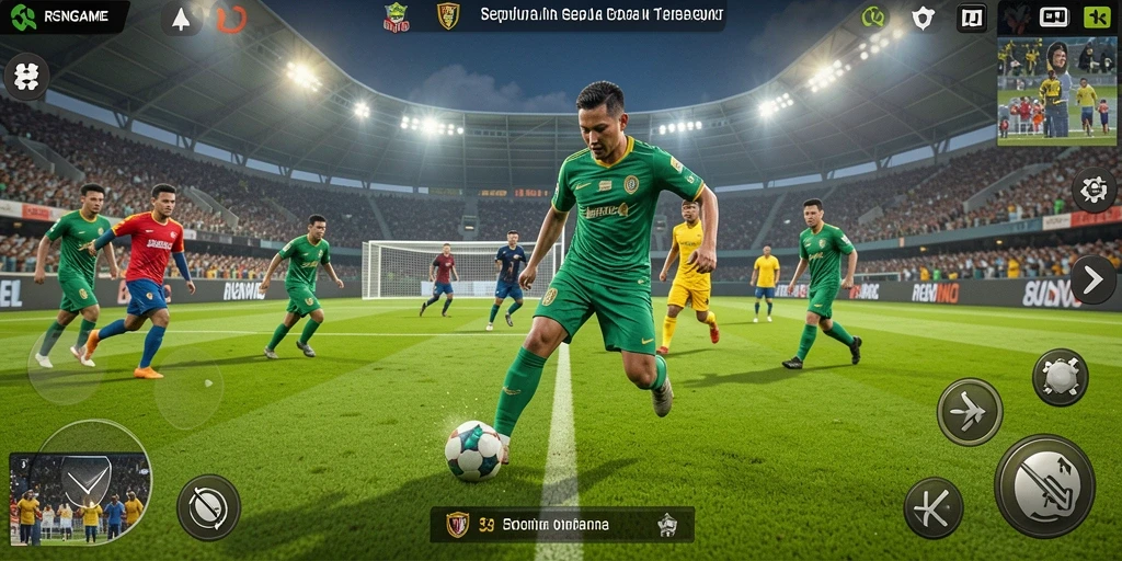 Screenshot gameplay RSNGAME menampilkan aksi mendebarkan di lapangan sepak bola.
